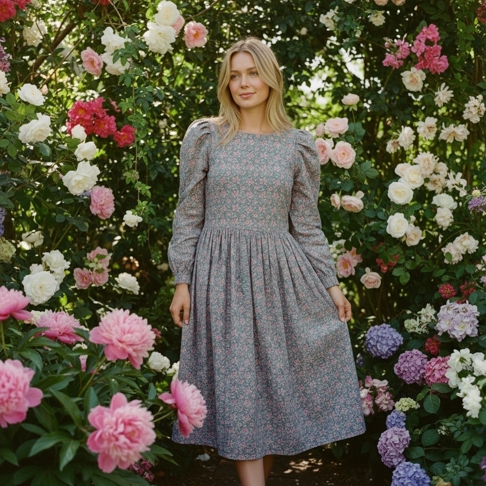 Laura Ashley Vintage Cornflower Blue/Pink Ditsy Floral Long Sleeve Prairie Dress